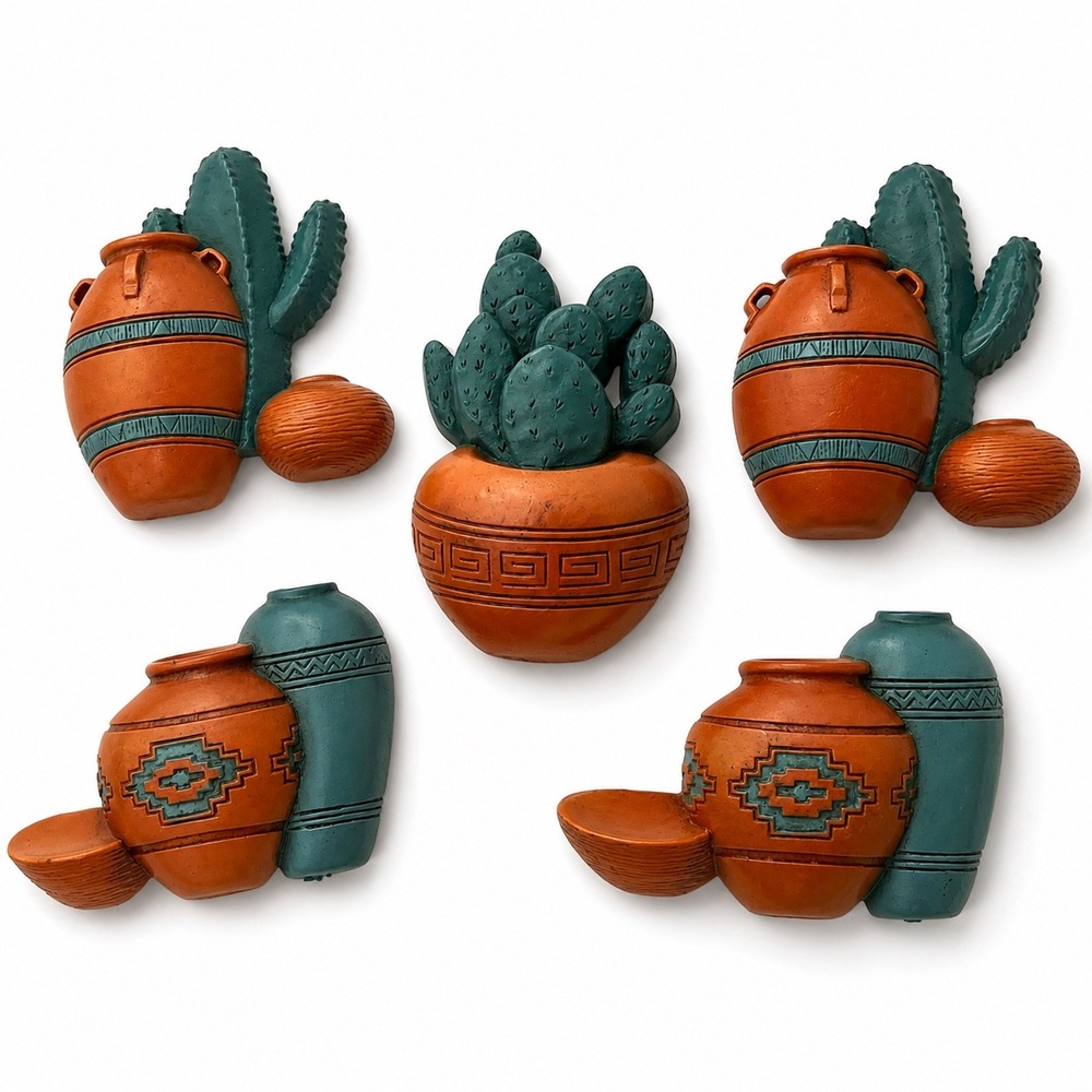 Vintage Burwood Products Southwest Wall Decor 5pc Set Cactus Pottery 3139 1991